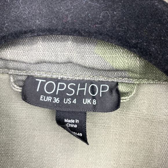 Topshop Women's Size 4 Green Jacket Camouflage Print Collared Front Pockets - Picture 4 of 8